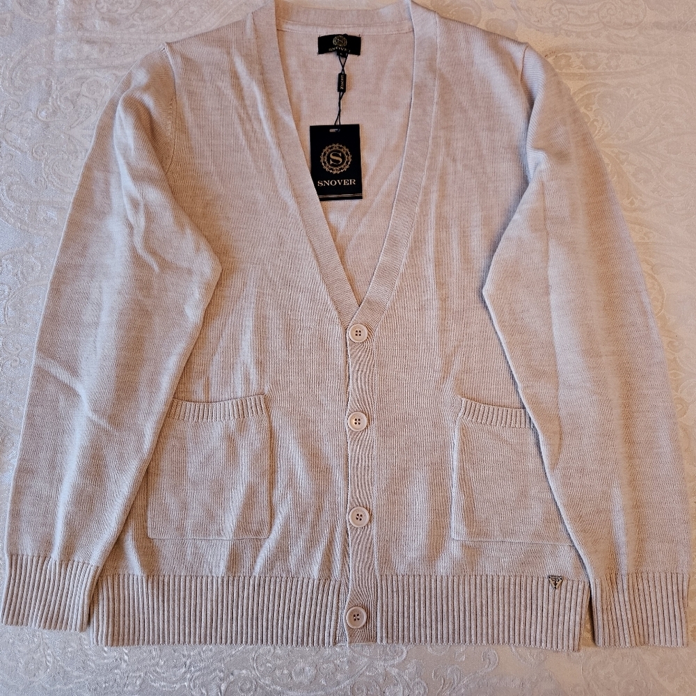 Beige Cardigan in 100% Extra Fine Merino Wool for Men, Snover, Large, NWT